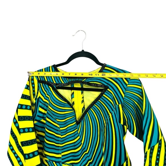 Asymmetrical African Print Yellow & Blue Long Sleeve Dress with Front Cutout - Picture 6 of 9
